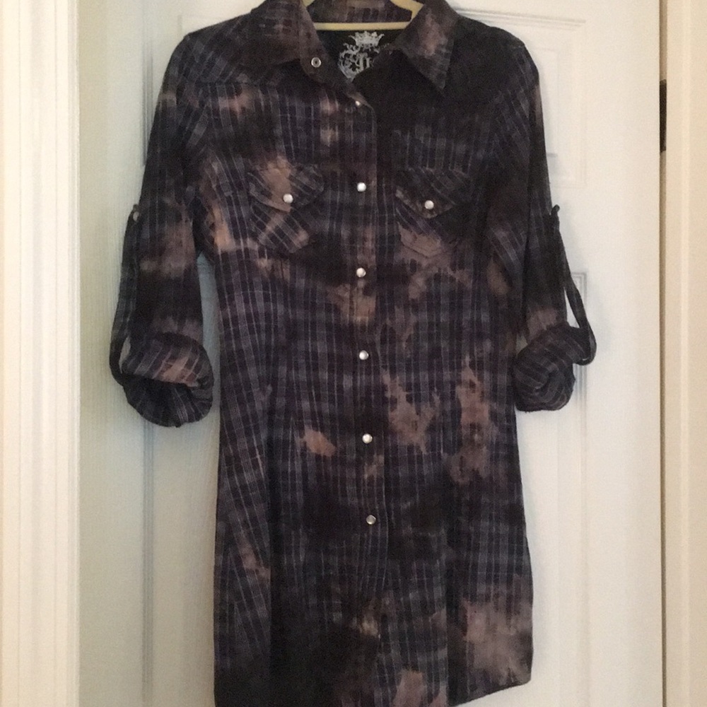 Distressed plaid button down Shirt Dress